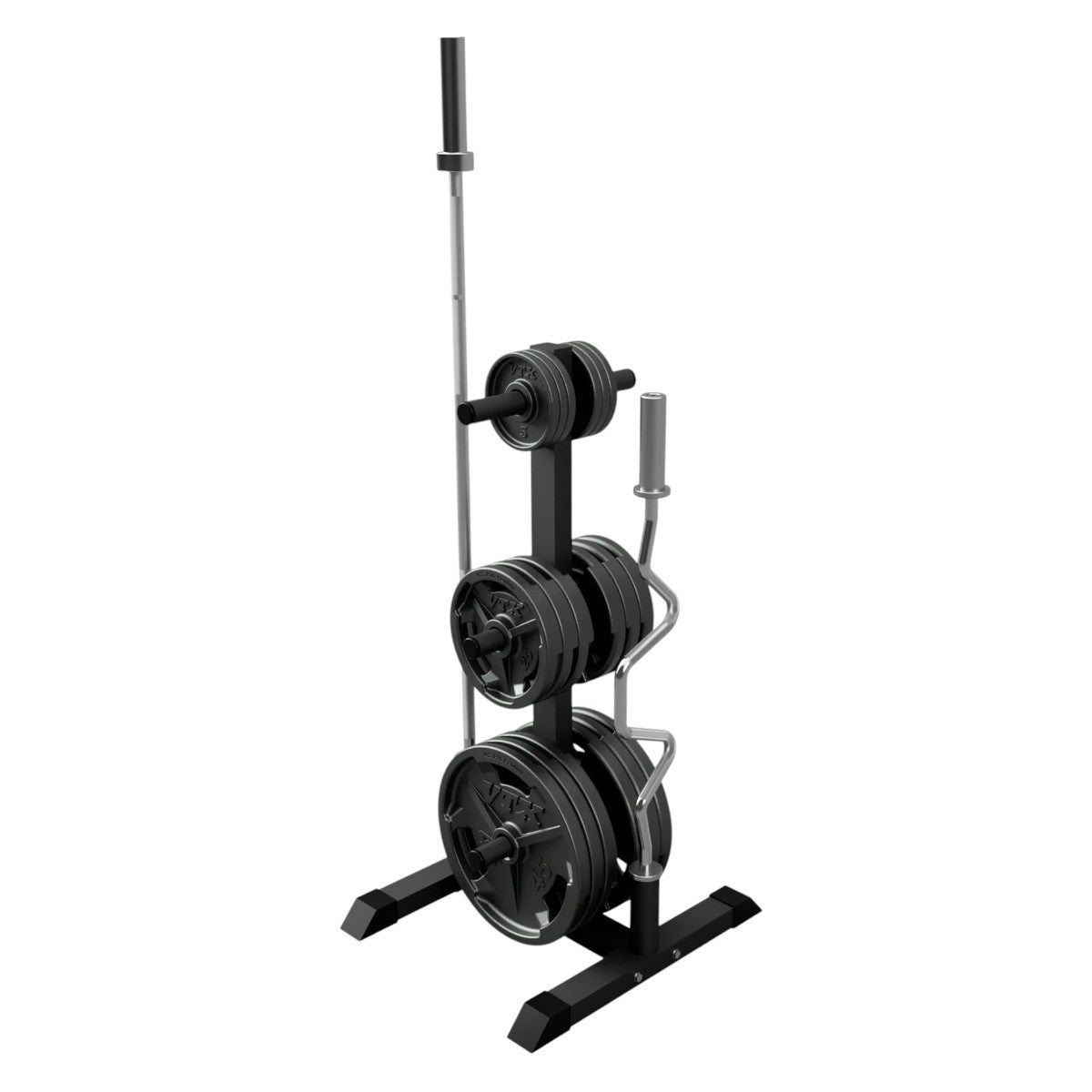 Troy Barbell VTX GOPT Vertical Olympic Plate and Bar Rack shown with weight plates and bars.