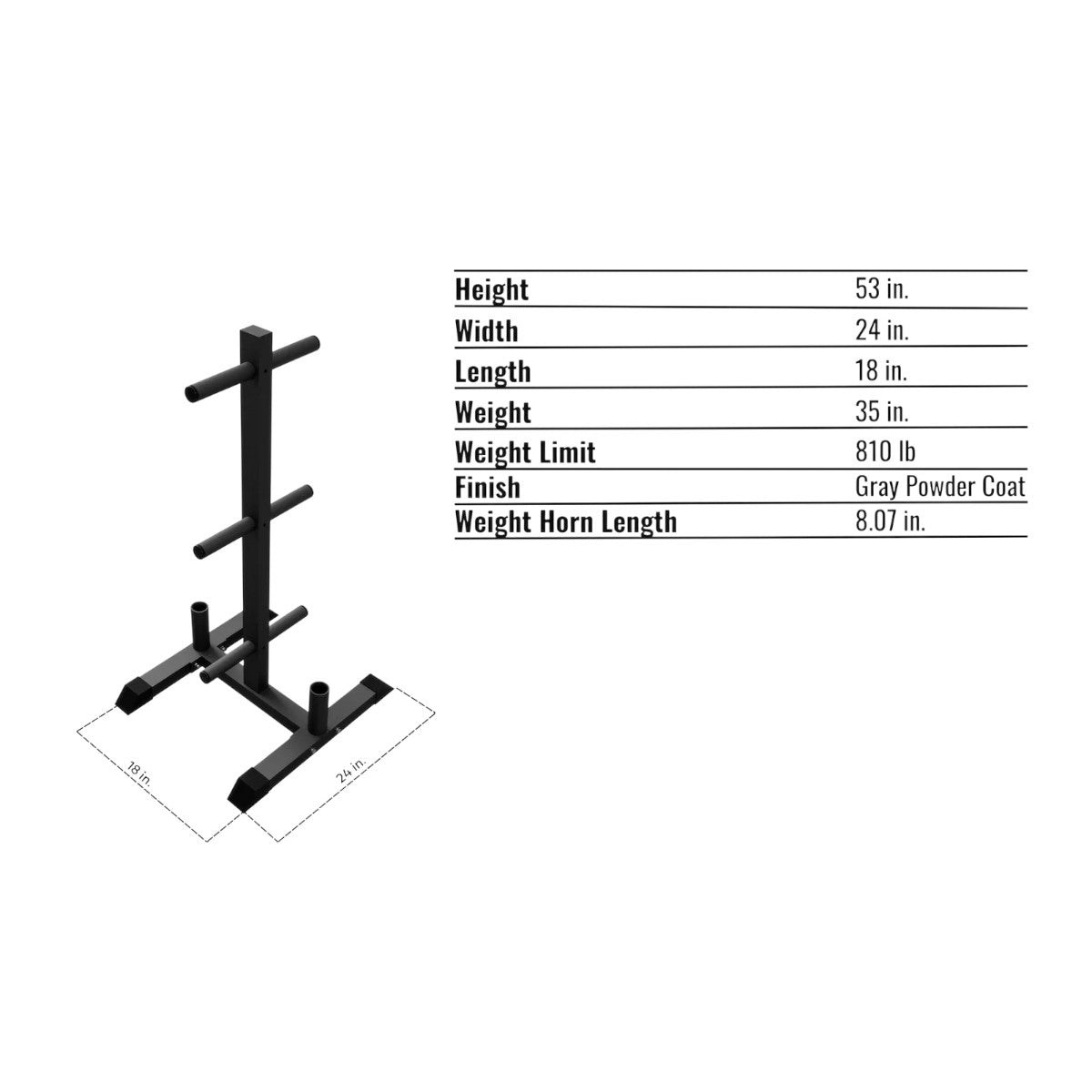 Troy Barbell VTX GOPT Vertical Olympic Plate and Bar Rack specifications.