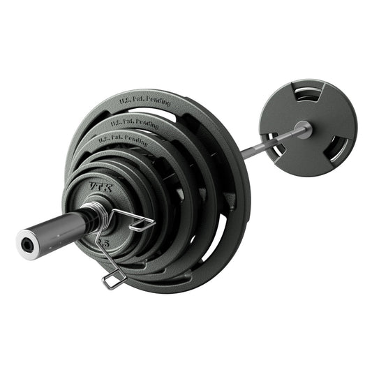 Troy GOSS-300V Weightlifting barbell with weight plates on a white background