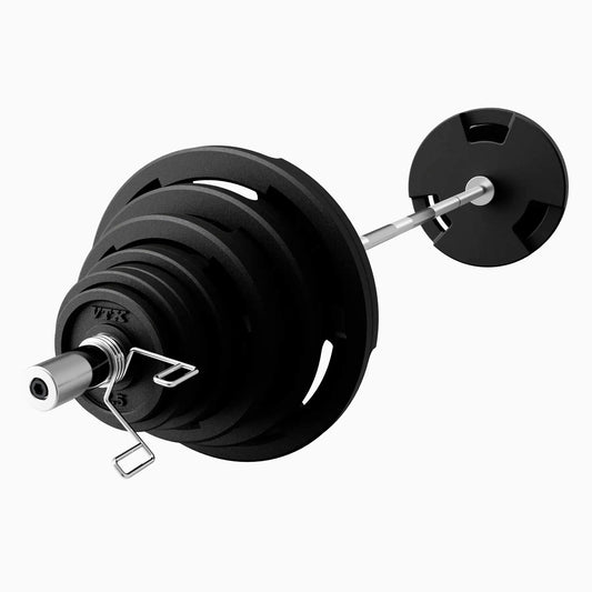 Troy Barbell VTX GO-VR Rubber Encased Olympic Grip Weight Set with chrome Olympic bar and spring collars.