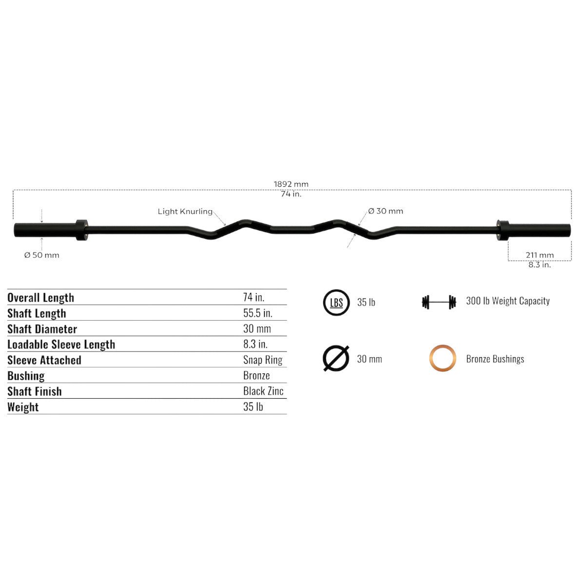 Troy Barbell VTX GOZ-74B Super 74 XL Olympic EZ Curl Bar specifications.