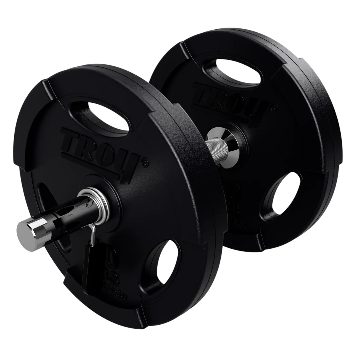 Troy Barbell USA Sports Regular Dumbbell Handles GRD-14 shown with rubber weight plates.