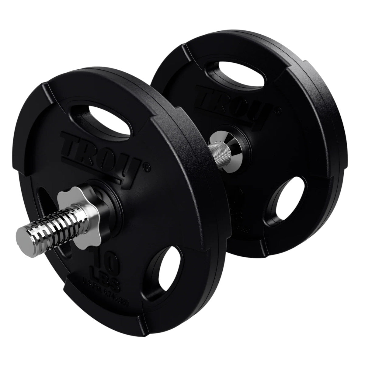 Troy Barbell USA Sports Regular Threaded Dumbbell Handles GRD-14T with rubber plates.