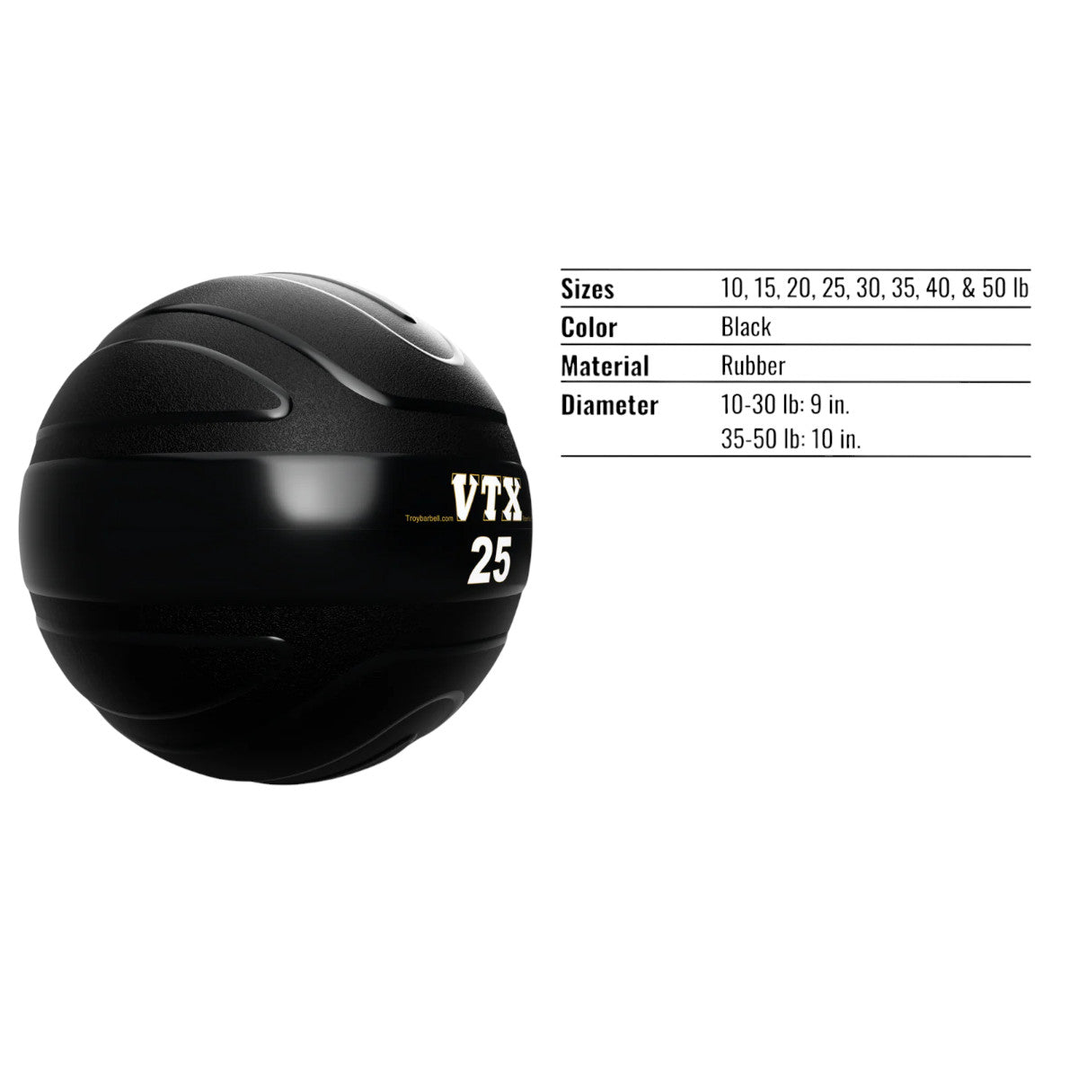 Troy Barbell VTX GSMB Heavy Duty Slam Ball specifications.