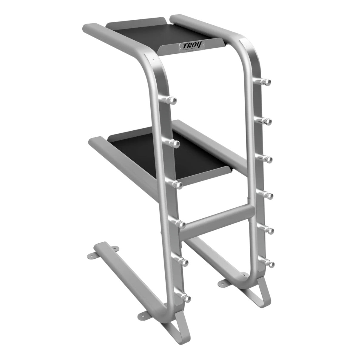 Troy Barbell GTAR-PAC Cable Attachment Accessory Package silver rack without all the attachments side view.