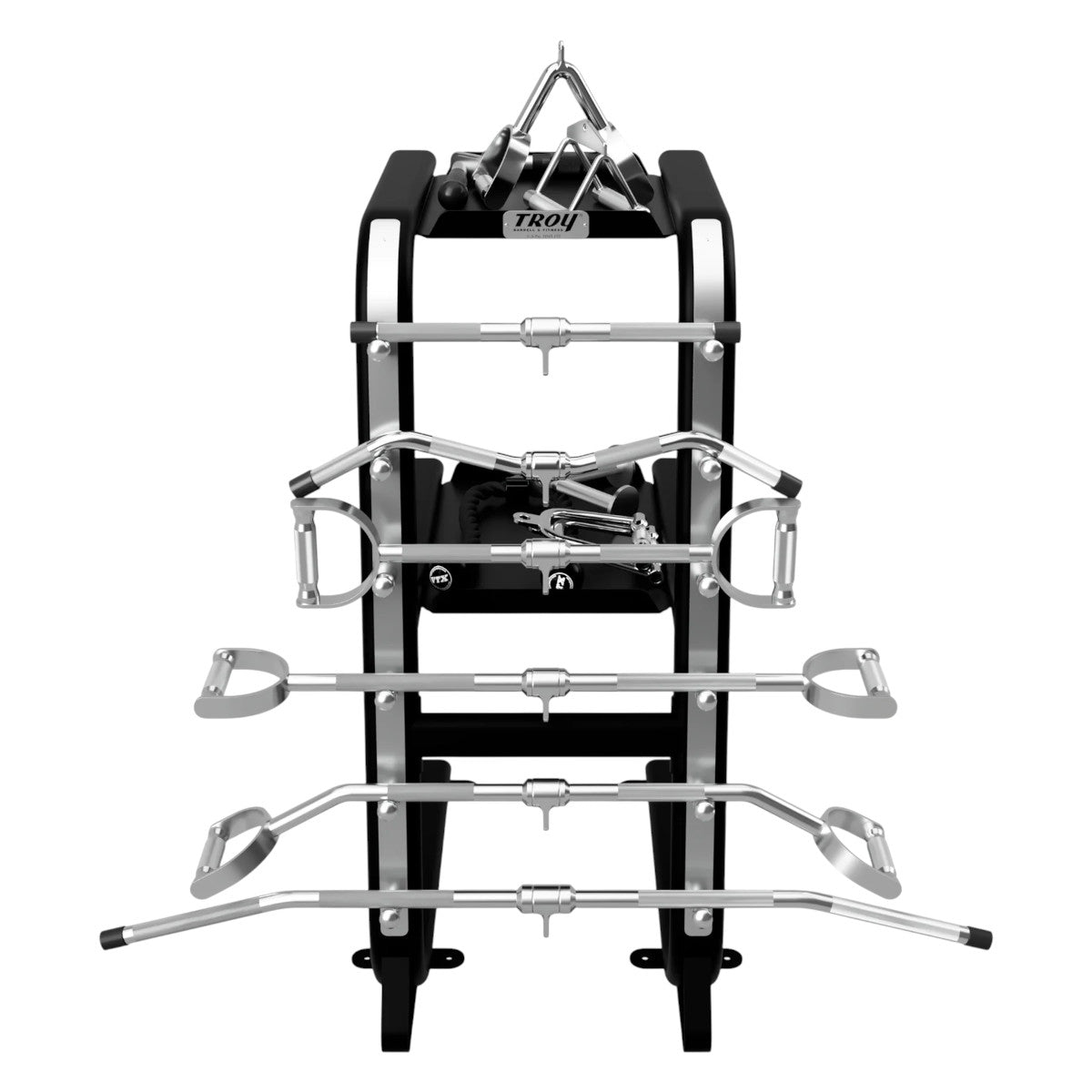 Troy Barbell GTAR-PAC Cable Attachment Accessory Package black rack front view.