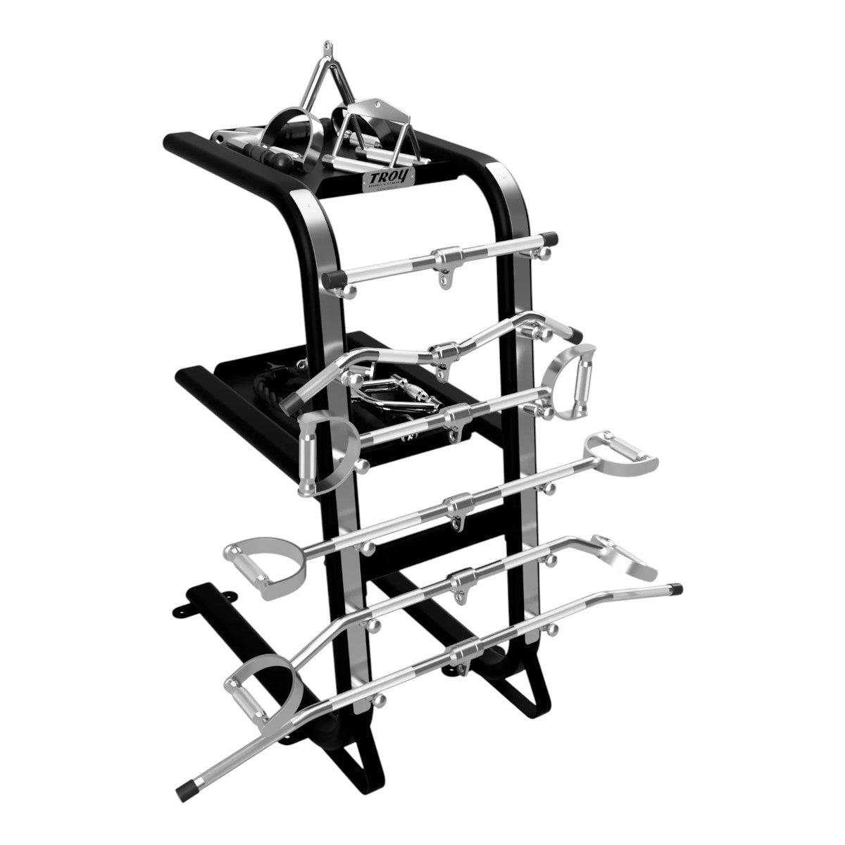 Troy Barbell GTAR-PAC Cable Attachment Accessory Package black rack side view.