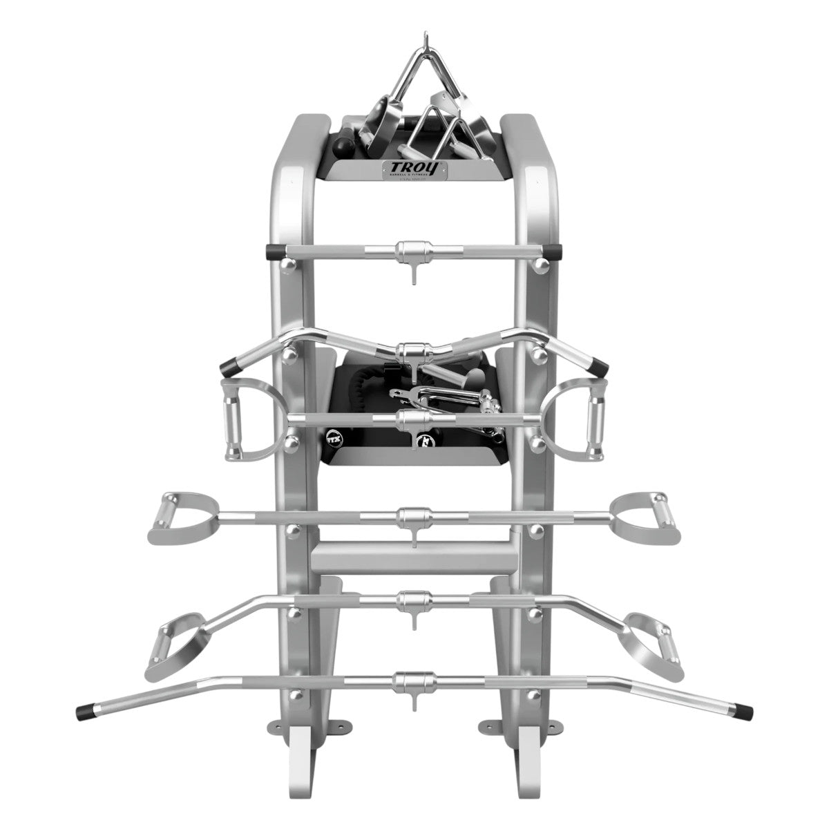 Troy Barbell GTAR-PAC Cable Attachment Accessory Package Silver rack front view.