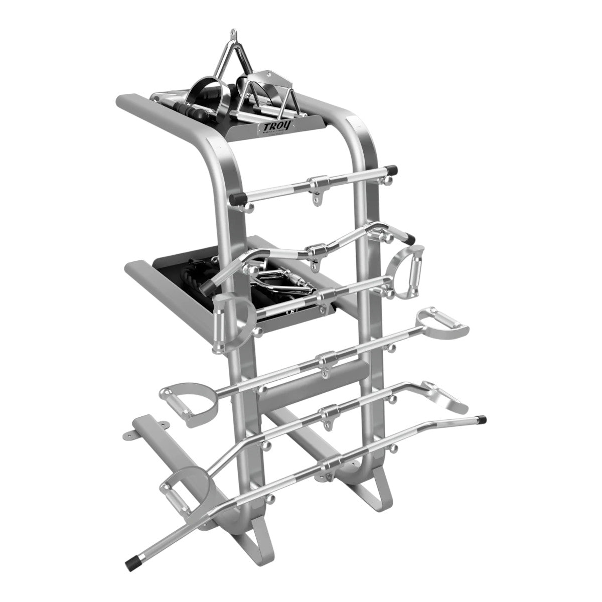 Troy Barbell GTAR-PAC Cable Attachment Accessory Package silver rack side view.