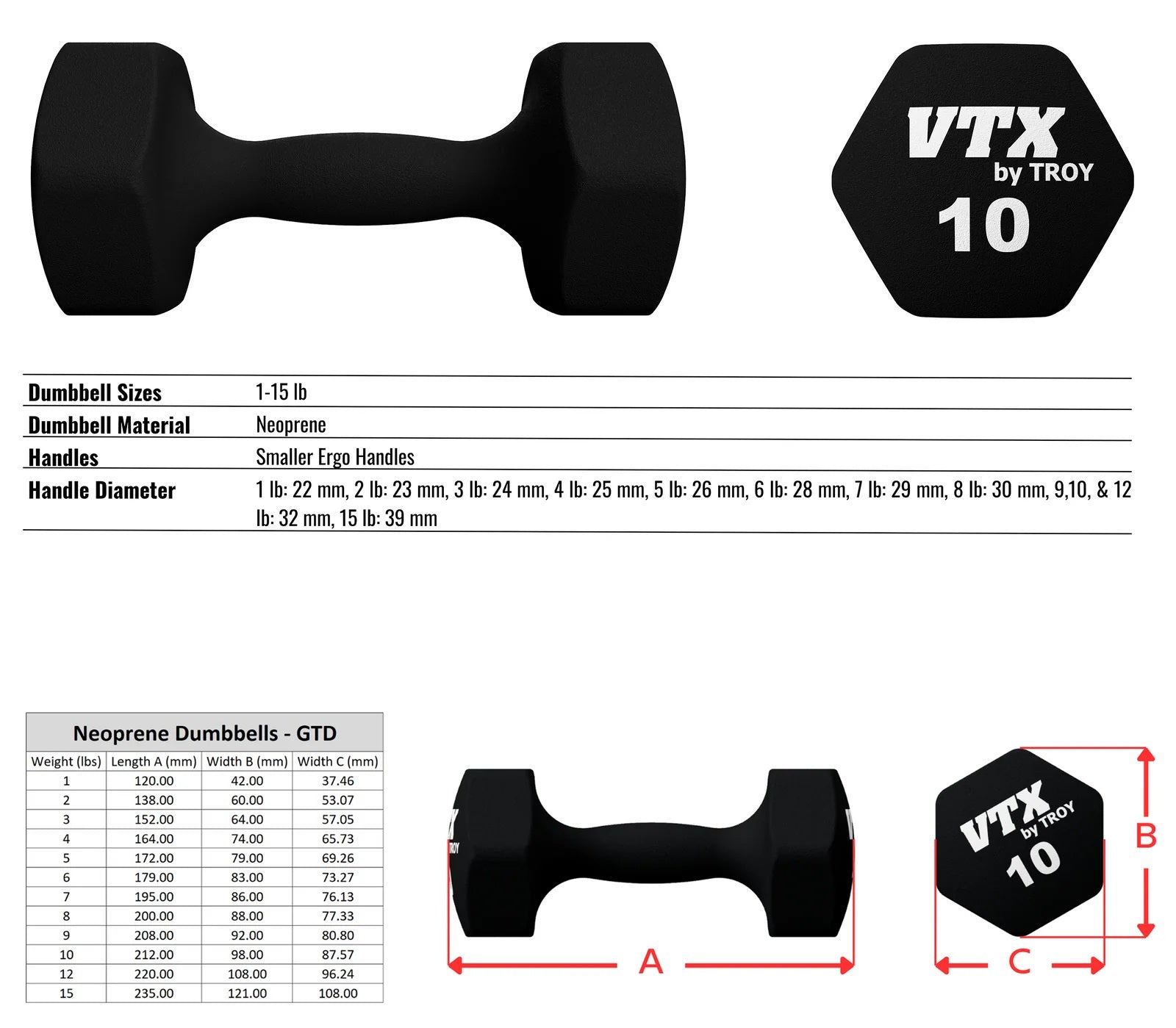 Troy Barbell VTX Neoprene Aerobic Dumbbell specifications.