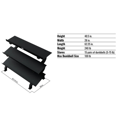 Troy Barbell VTX GTDR-3 Three Tier Shelf Dumbbell Rack specifications.