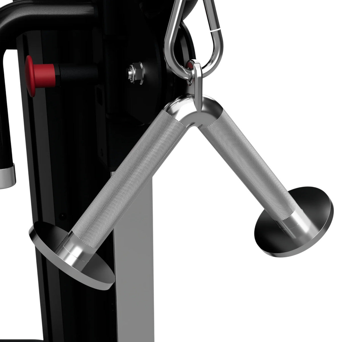 Troy Barbell USA Sports GTVB Triceps Press Down V Bar attached to cable-cross front view.
