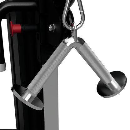 Troy Barbell USA Sports GTVB Triceps Press Down V Bar attached to cable-cross front view.