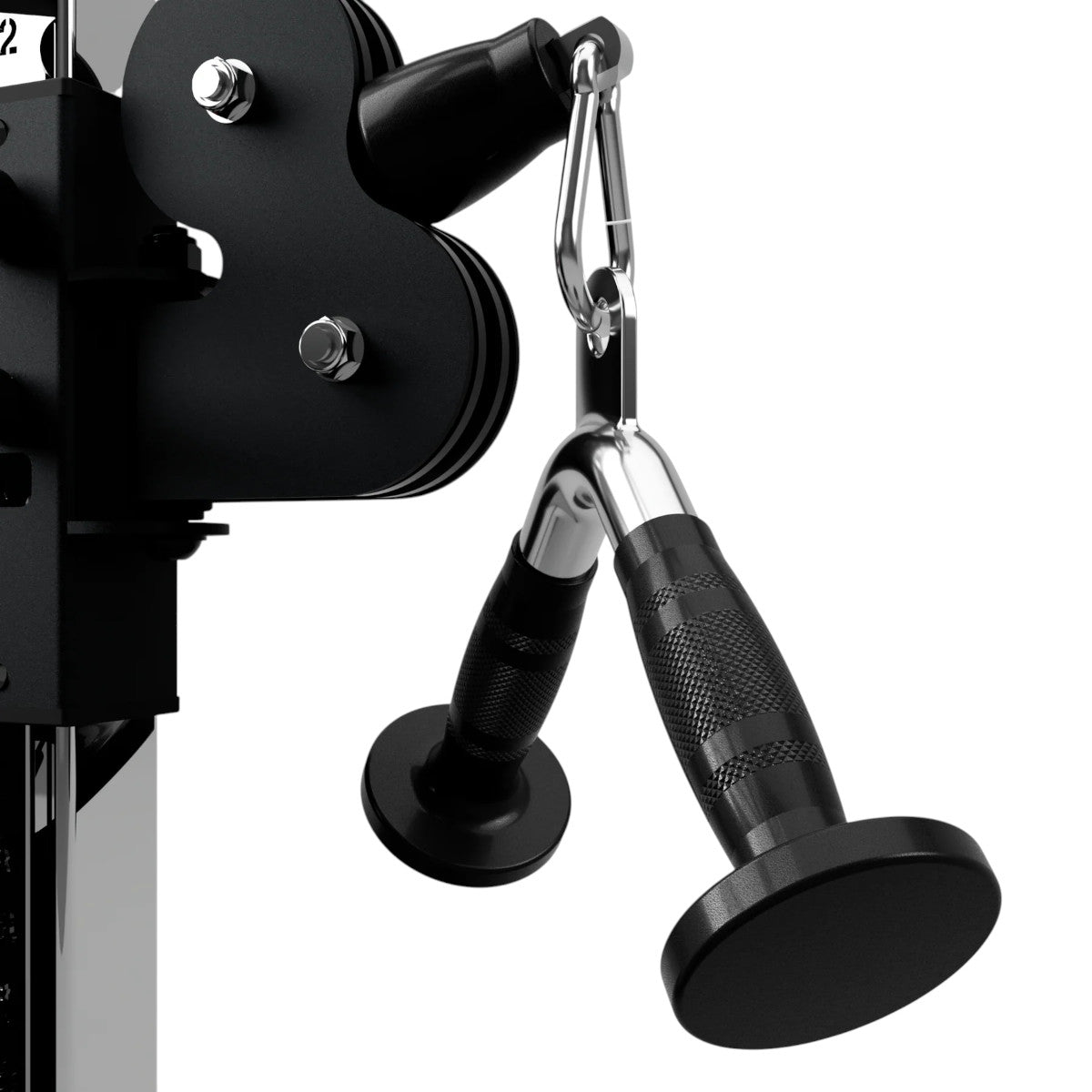Troy Barbell VTX GTVB-R Triceps Press Down V Bar with Rubber Grips attached to cable-cross.