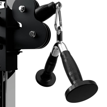 Troy Barbell VTX GTVB-R Triceps Press Down V Bar with Rubber Grips attached to cable-cross.