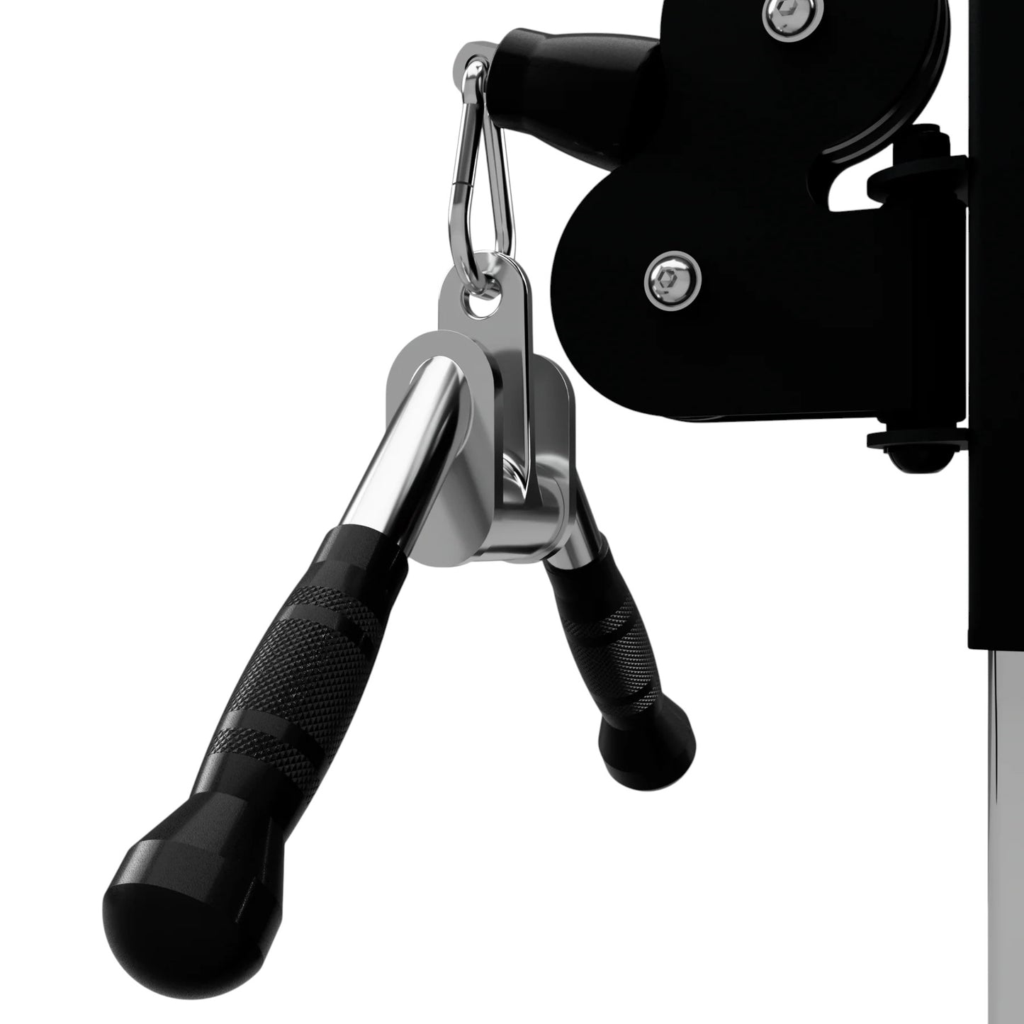 Troy Barbell VTX GTVB-SR Triceps Press Down V Bar with Swivel and Rubber Grips attached to cable-cross.
