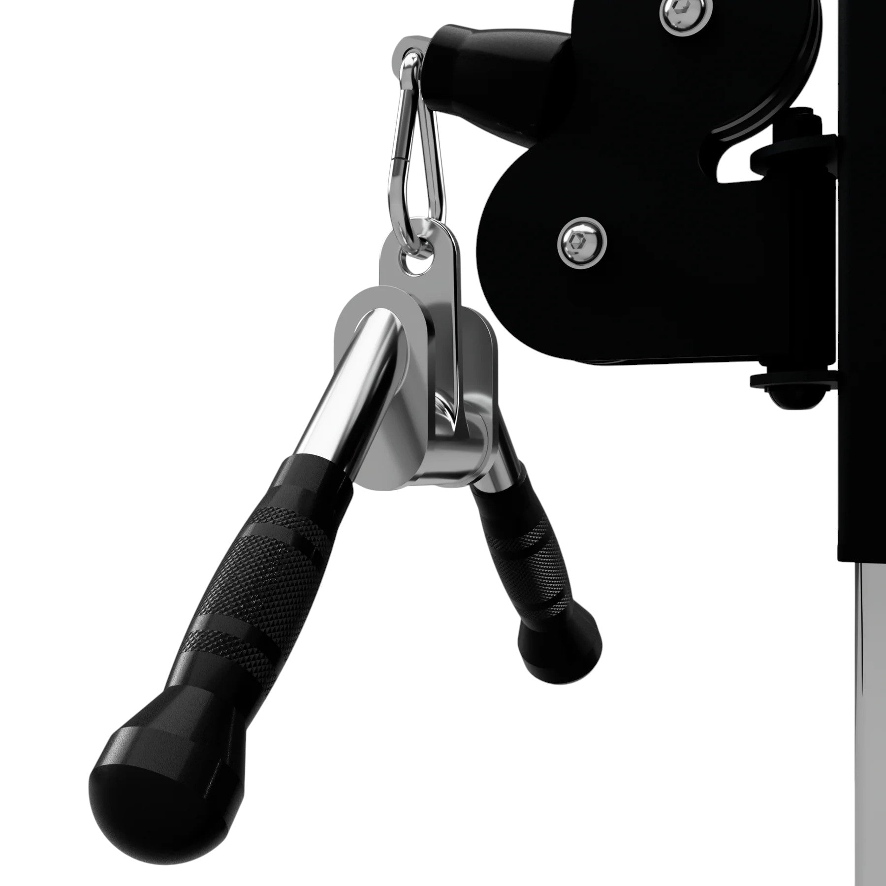 Troy Barbell VTX GTVB-SR Triceps Press Down V Bar with Swivel and Rubber Grips attached to cable-cross.
