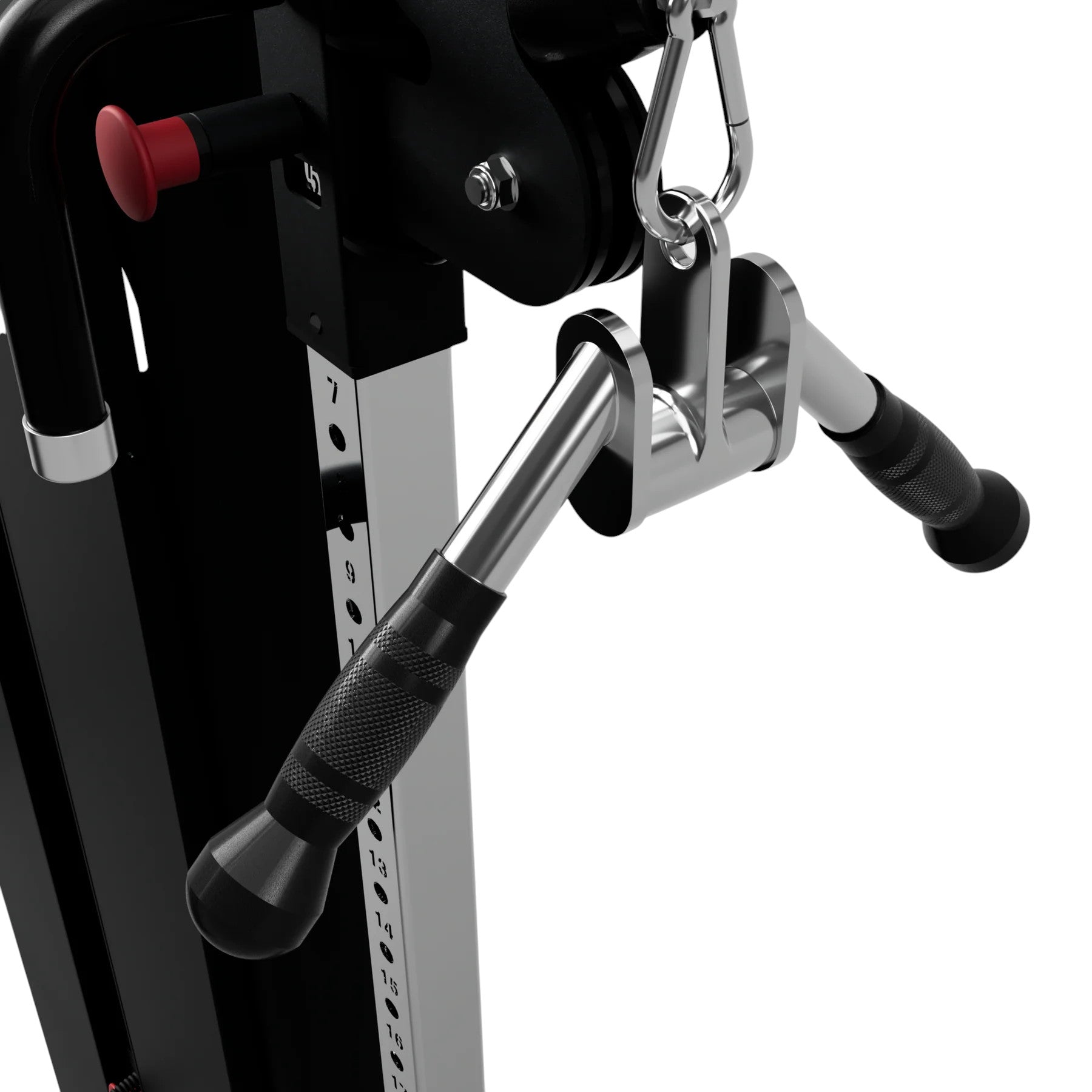 Troy Barbell VTX GTVB-SR Triceps Press Down V Bar with Swivel and Rubber Grips attached to cable-cross angled view.