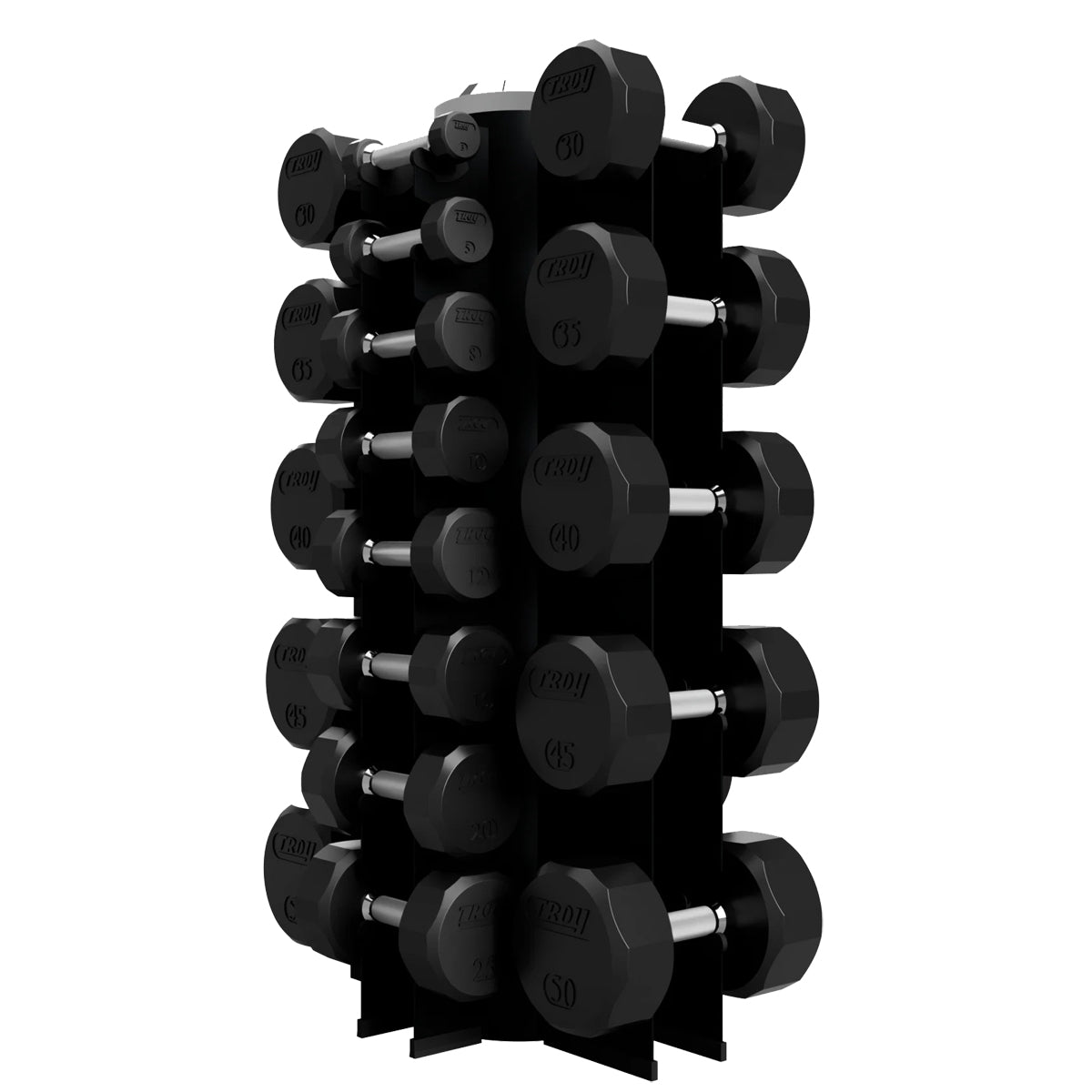 Troy Barbell VTX GVDR-13 Four Sided Vertical Dumbbell Rack shown with TSD-R 12 sided Rubber Encased Dumbbells.