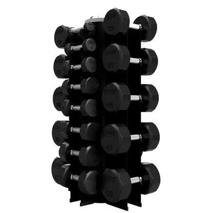 Troy Barbell VTX GVDR-13 Four Sided Vertical Dumbbell Rack shown with TSD-R 12 sided Rubber Encased Dumbbells.