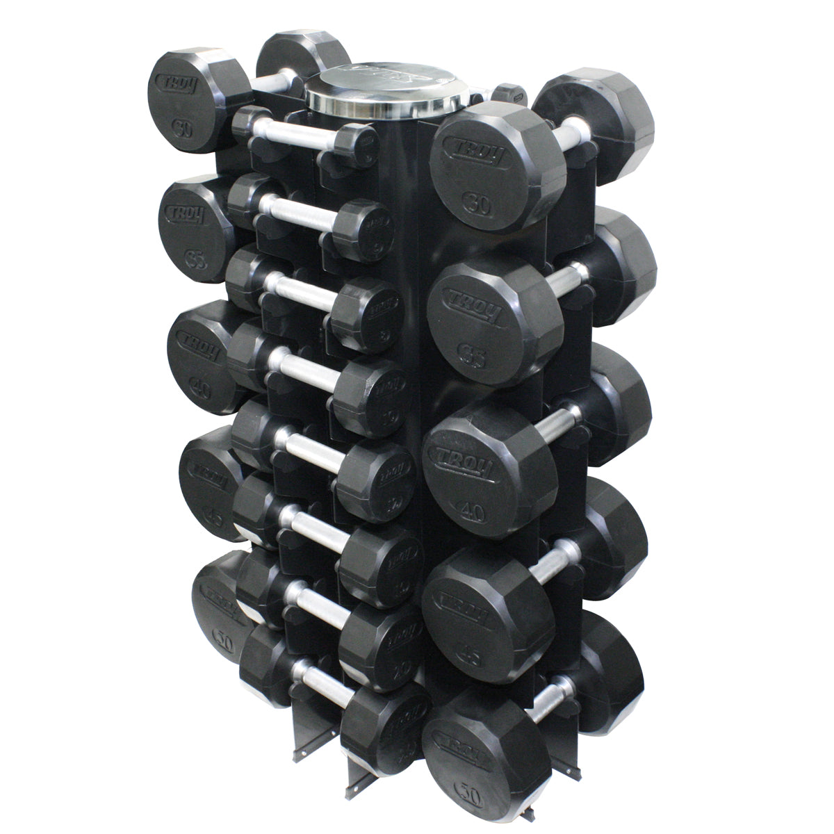 Troy Barbell VERTPAC-TSDR50G TSD-R Rubber Encased Dumbbell Set with GVDR-13 rack.