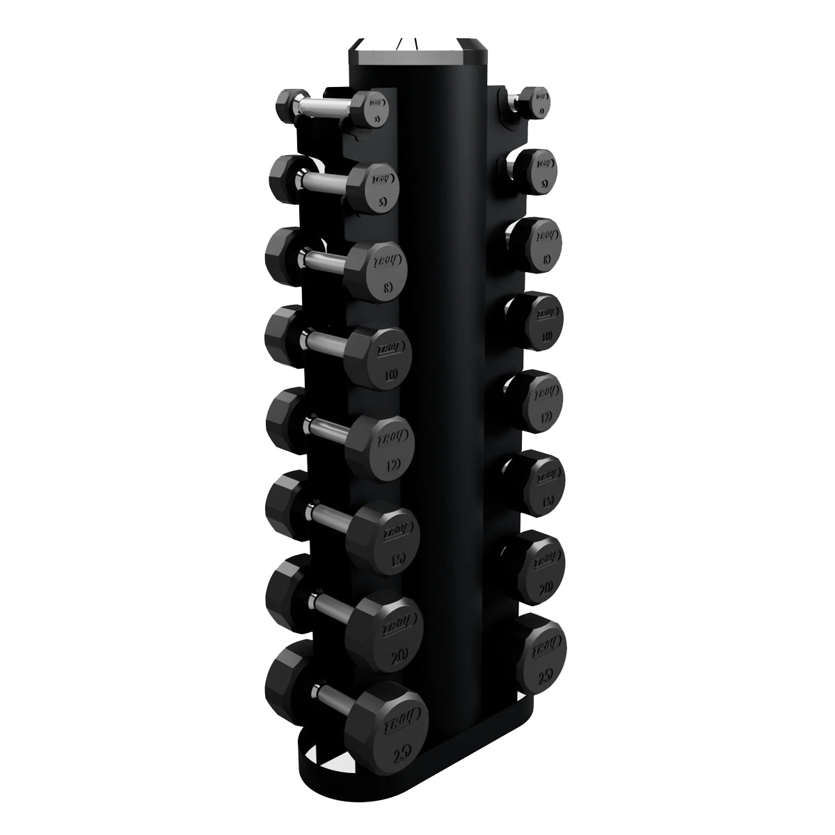 Troy Barbell VTX GVDR-8 Two Sided Vertical Dumbbell Rack shown with Troy TSD-R 12 sided rubber encased dumbbells.