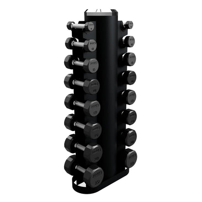 Troy Barbell VTX GVDR-8 Two Sided Vertical Dumbbell Rack shown with Troy TSD-R 12 sided rubber encased dumbbells.