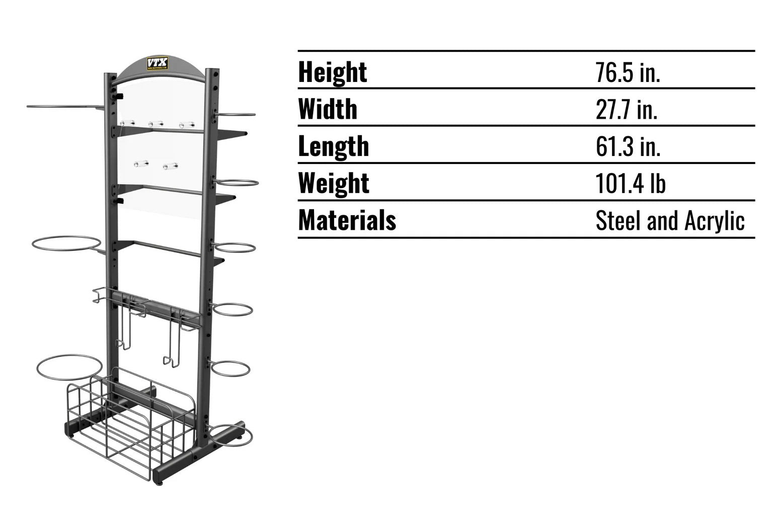 Troy Barbell VTX GVLAR-76 Large Accessories Pac rack specifications.