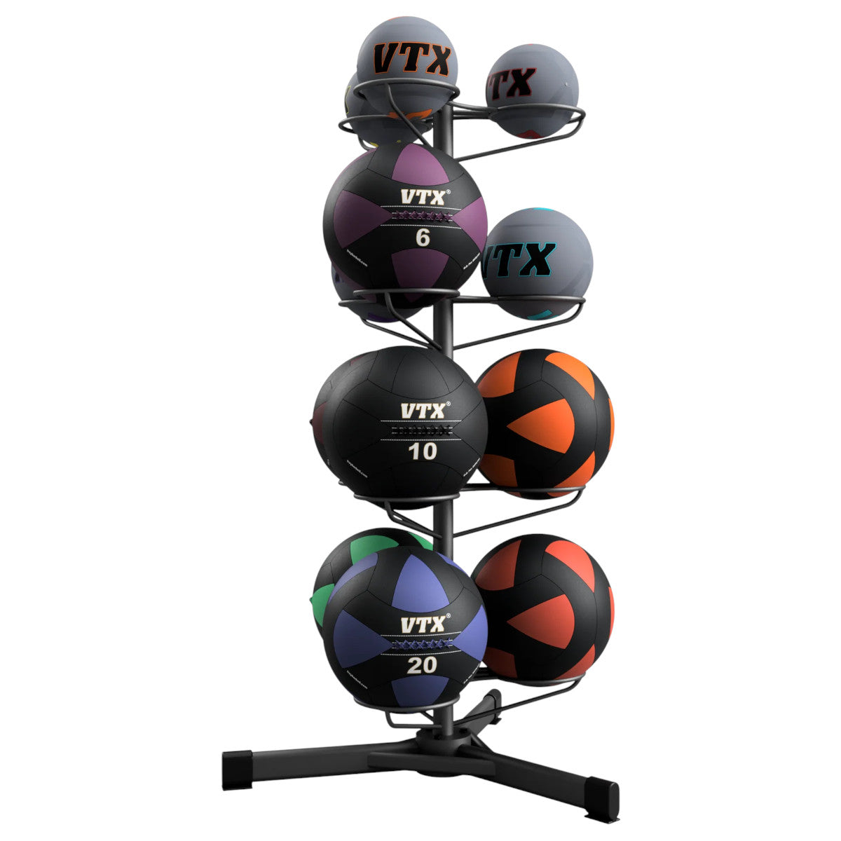 Troy Barbell VTX GWBR Fitness Ball Rack shown with Med and Wall Balls.