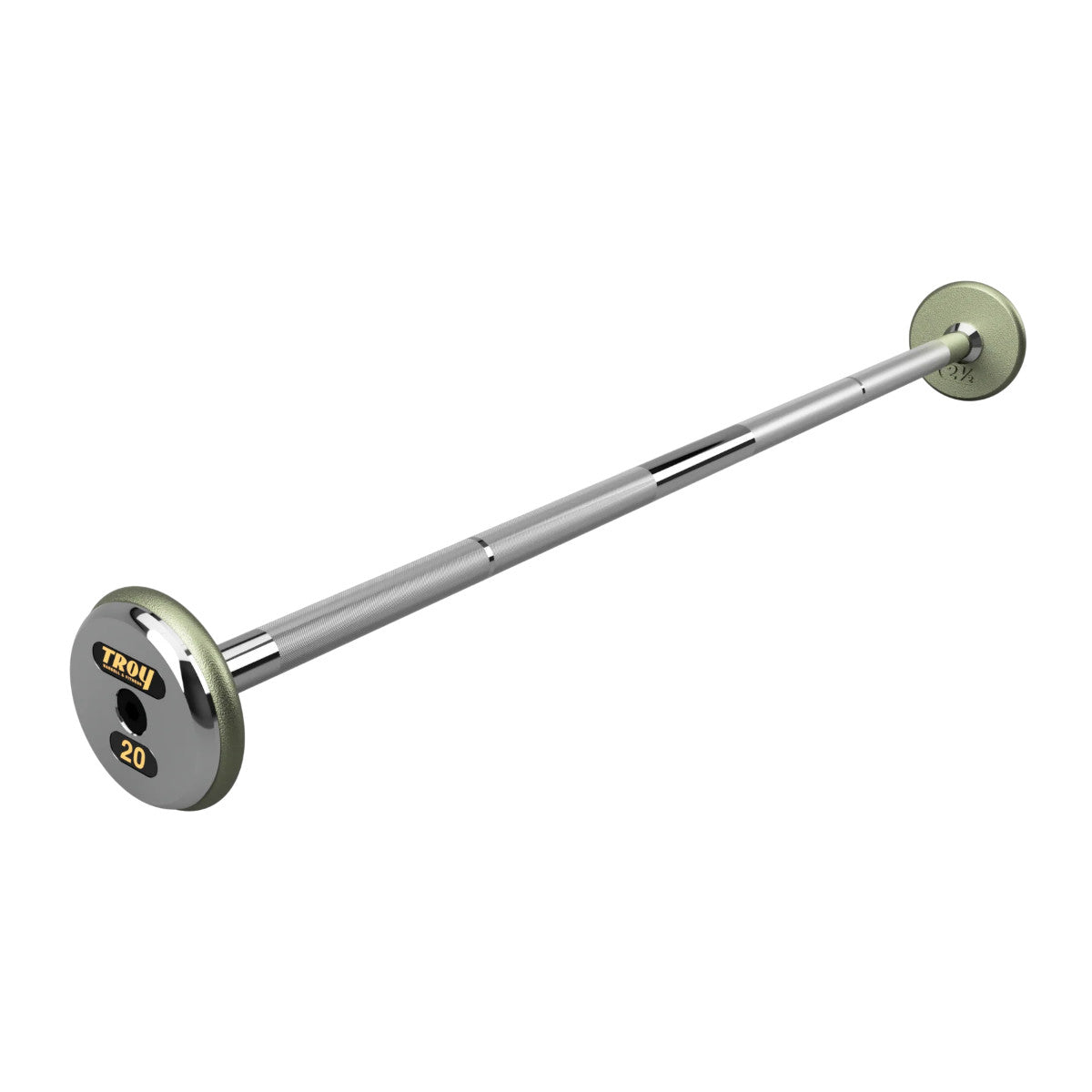 Troy Barbell HFB-C Pro Style 20lb Straight Gray Barbell Chrome End Cap on white background.