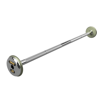 Troy Barbell HFB-C Pro Style 20lb Straight Gray Barbell Chrome End Cap on white background.