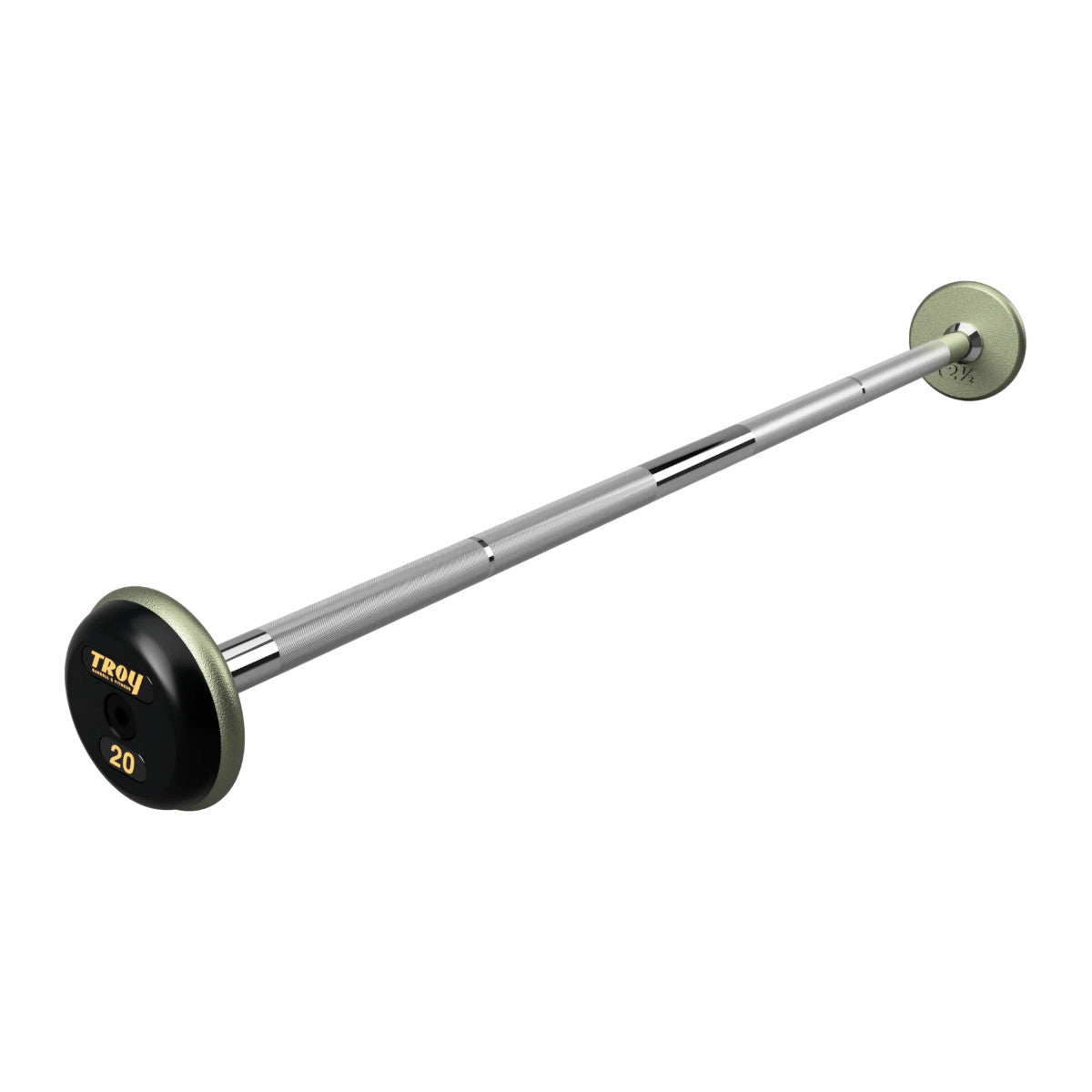 Troy Barbell HFB-R Pro Style 20lb Straight Gray Barbell Black End Cap on white background.