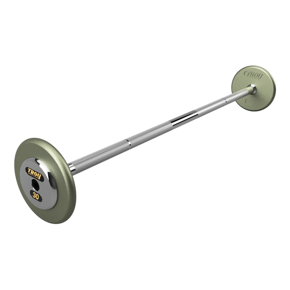 Troy Barbell HFB-C Pro Style 30lb Straight Gray Barbell Chrome End Cap on white background.