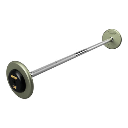 Troy Barbell HFB-R Pro Style 30lb Straight Gray Barbell Black End Cap on white background.