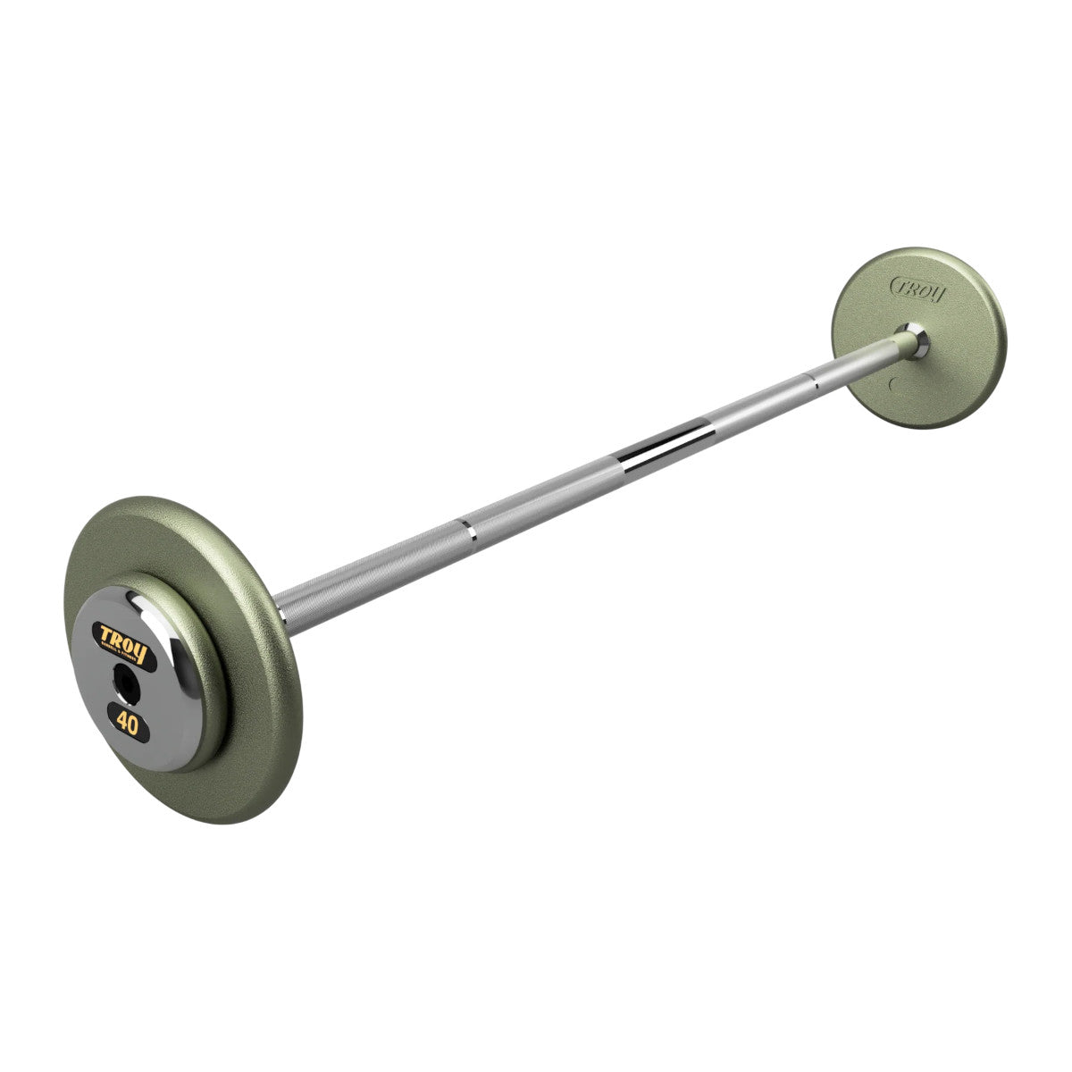 Troy Barbell HFB-C Pro Style 40lb Straight Gray Barbell Chrome End Cap on white background.