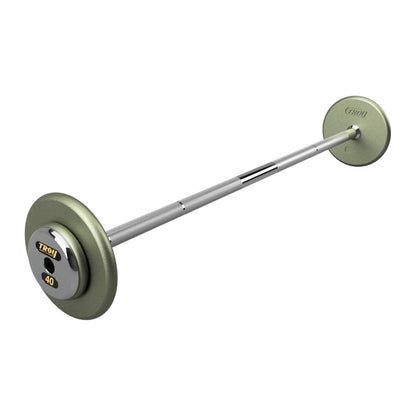 Troy Barbell HFB-C Pro Style 40lb Straight Gray Barbell Chrome End Cap on white background.