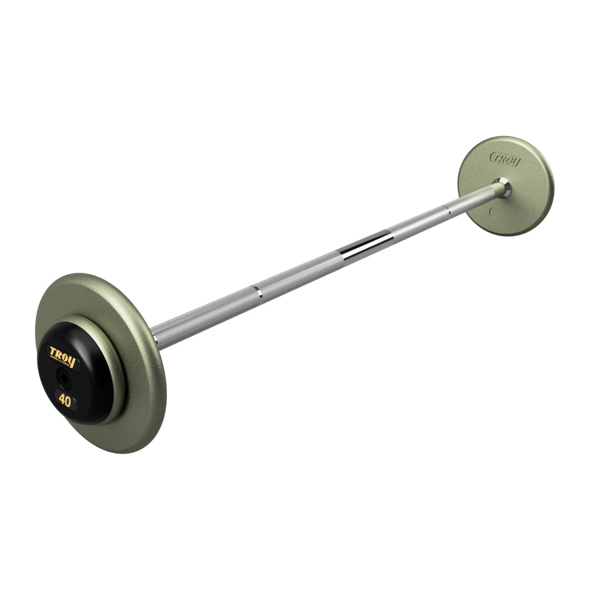 Troy Barbell HFB-R Pro Style 40lb Straight Gray Barbell Black End Cap on white background.