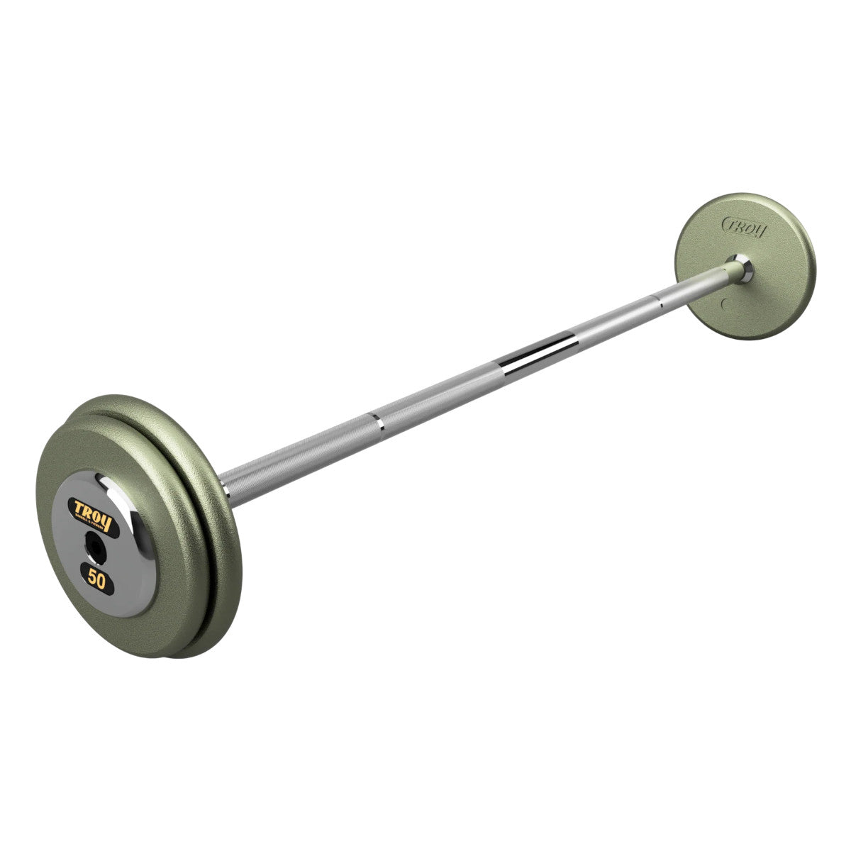 Troy Barbell HFB-C Pro Style 50lb Straight Gray Barbell Chrome End Cap on white background.