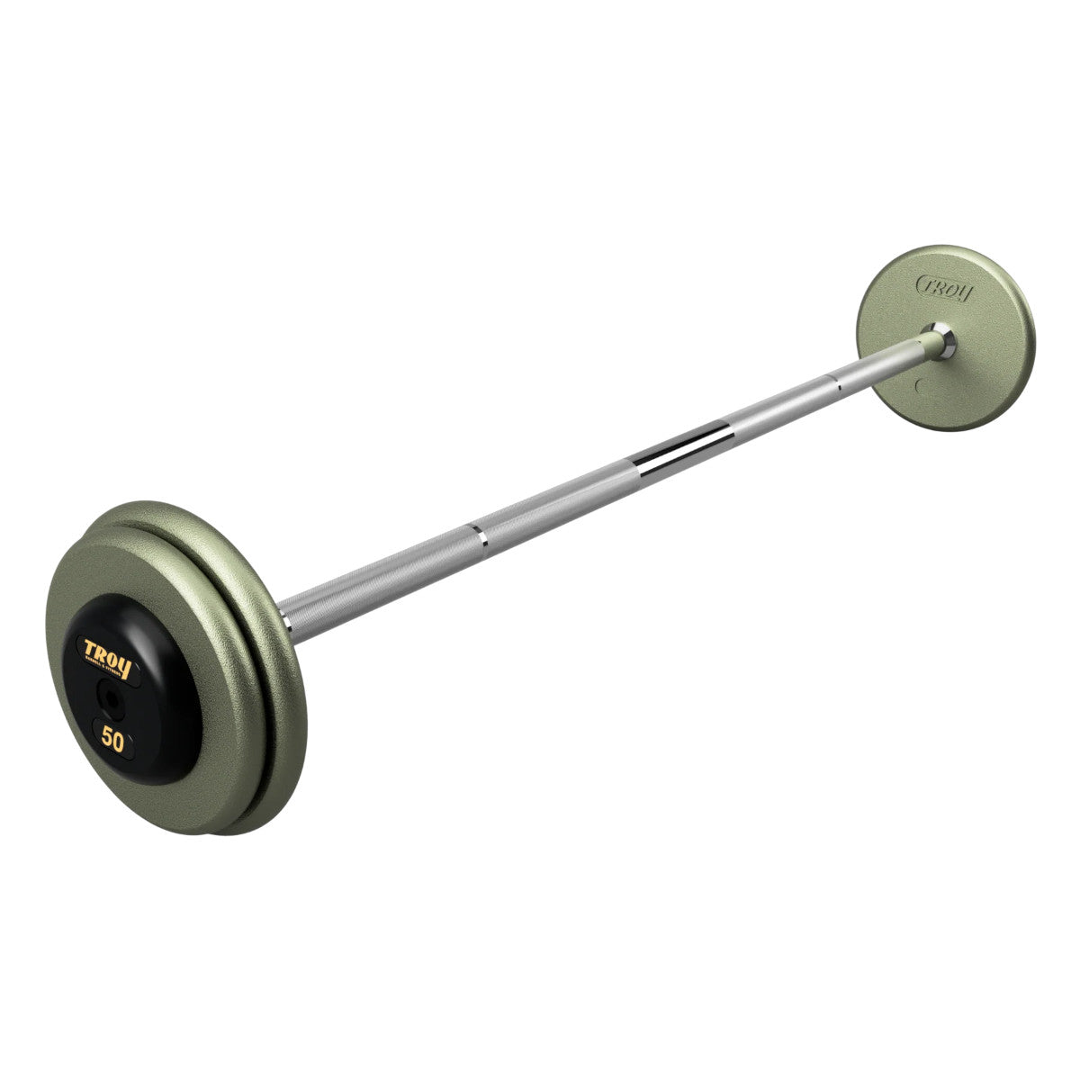 Troy Barbell HFB-R Pro Style 50lb Straight Gray Barbell Black End Cap on white background.