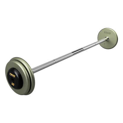 Troy Barbell HFB-R Pro Style 50lb Straight Gray Barbell Black End Cap on white background.