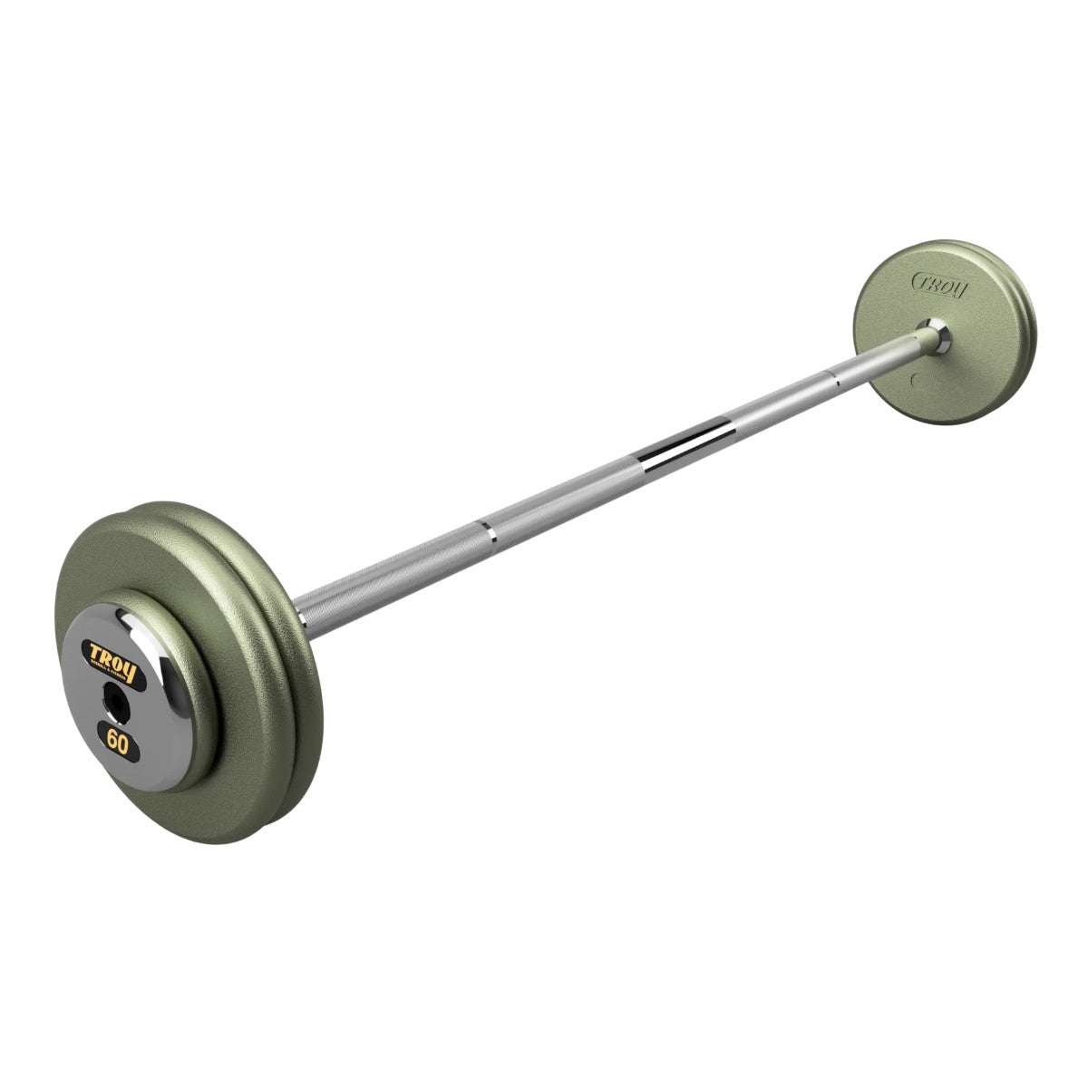 Troy Barbell HFB-C Pro Style 60lb Straight Gray Barbell Chrome End Cap on white background.