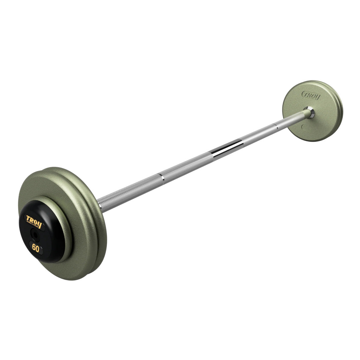 Troy Barbell HFB-R Pro Style 60lb Straight Gray Barbell Black End Cap on white background.