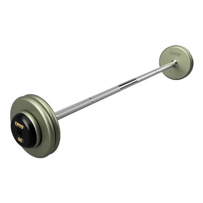 Troy Barbell HFB-R Pro Style 60lb Straight Gray Barbell Black End Cap on white background.