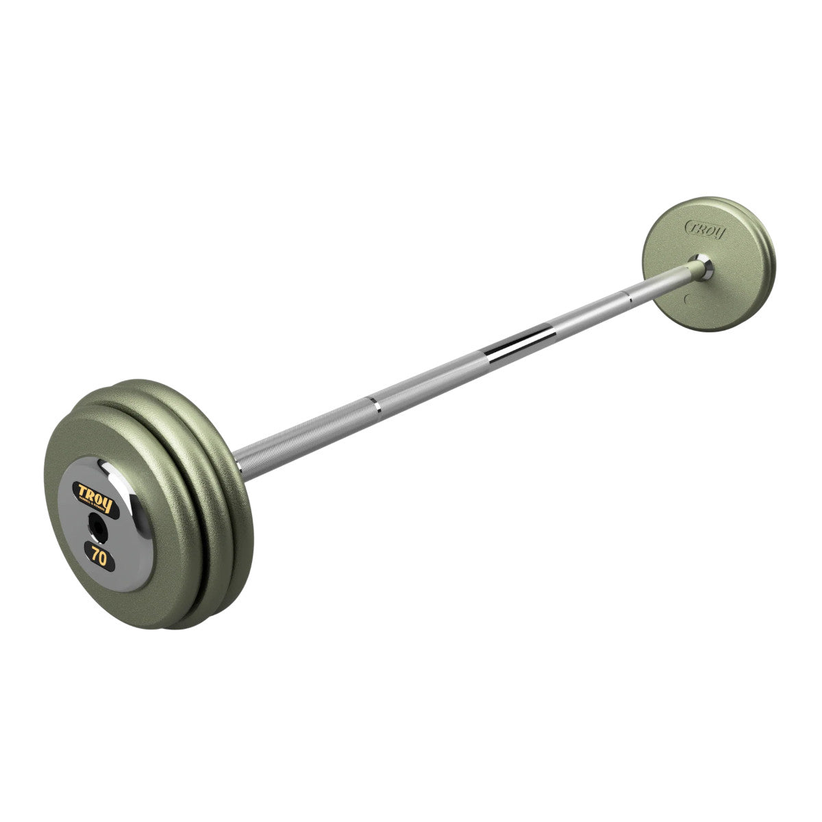 Troy Barbell HFB-C Pro Style 70lb Straight Gray Barbell Chrome End Cap on white background.
