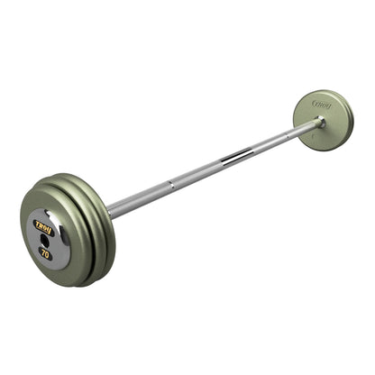 Troy Barbell HFB-C Pro Style 70lb Straight Gray Barbell Chrome End Cap on white background.
