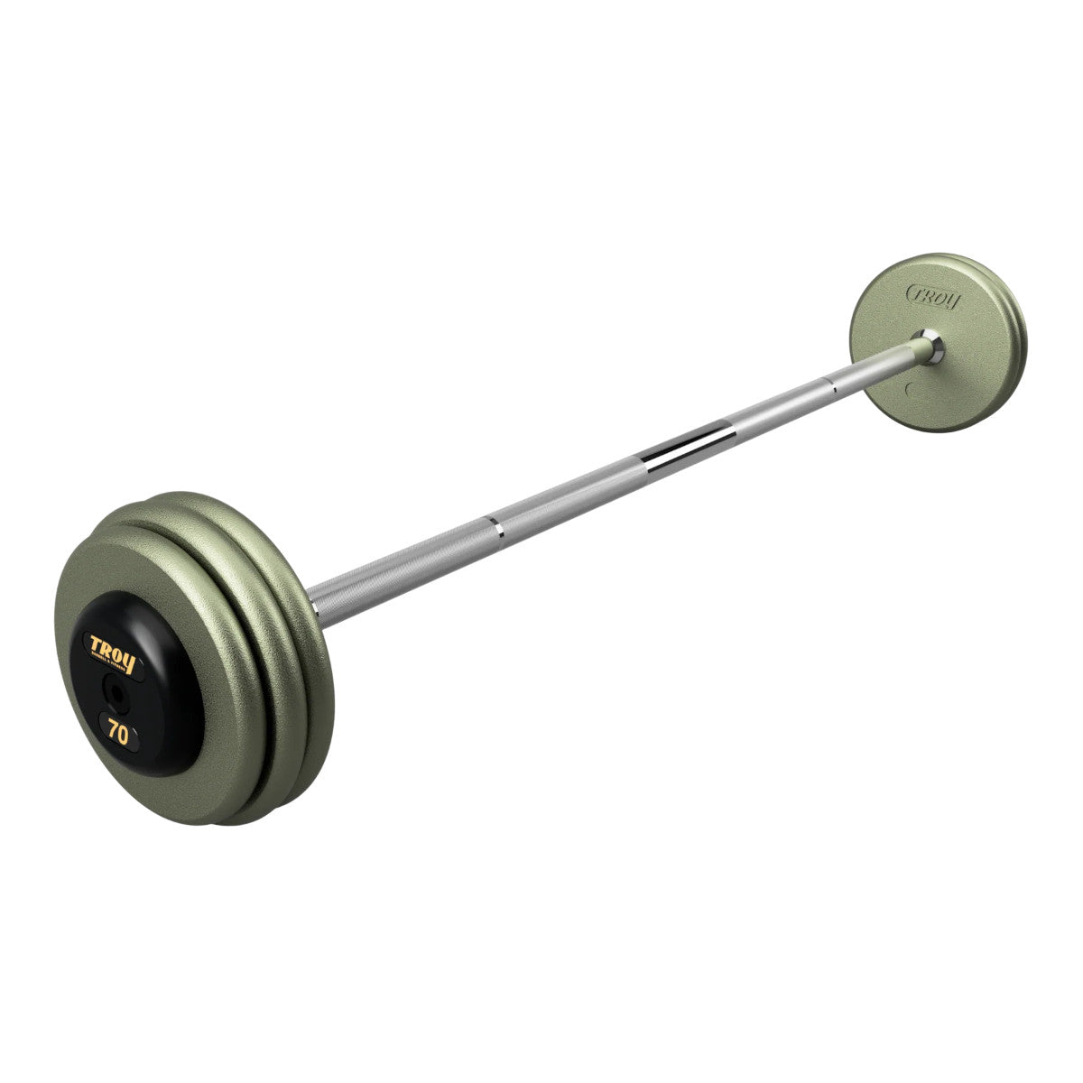 Troy Barbell HFB-R Pro Style 70lb Straight Gray Barbell Black End Cap on white background.
