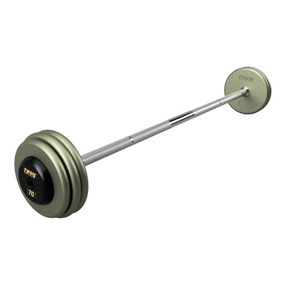 Troy Barbell HFB-R Pro Style 70lb Straight Gray Barbell Black End Cap on white background.