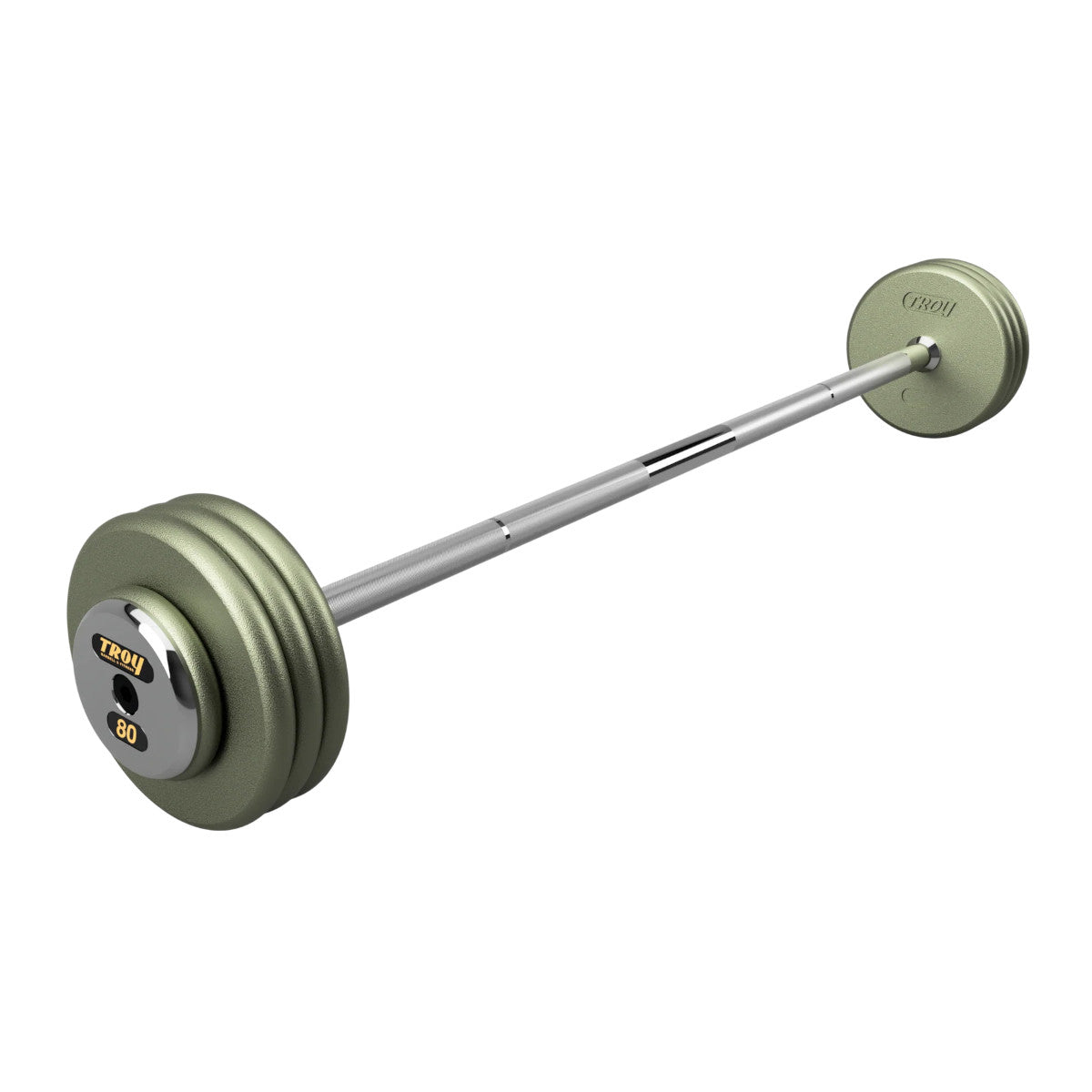 Troy Barbell HFB-C Pro Style 80lb Straight Gray Barbell Chrome End Cap on white background.