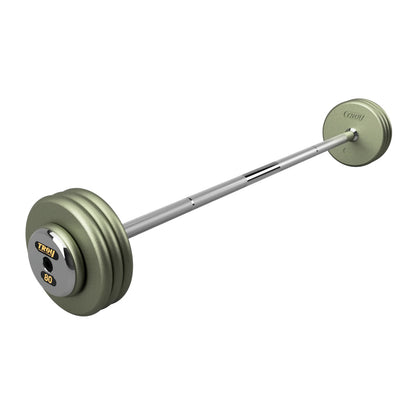 Troy Barbell HFB-C Pro Style 80lb Straight Gray Barbell Chrome End Cap on white background.