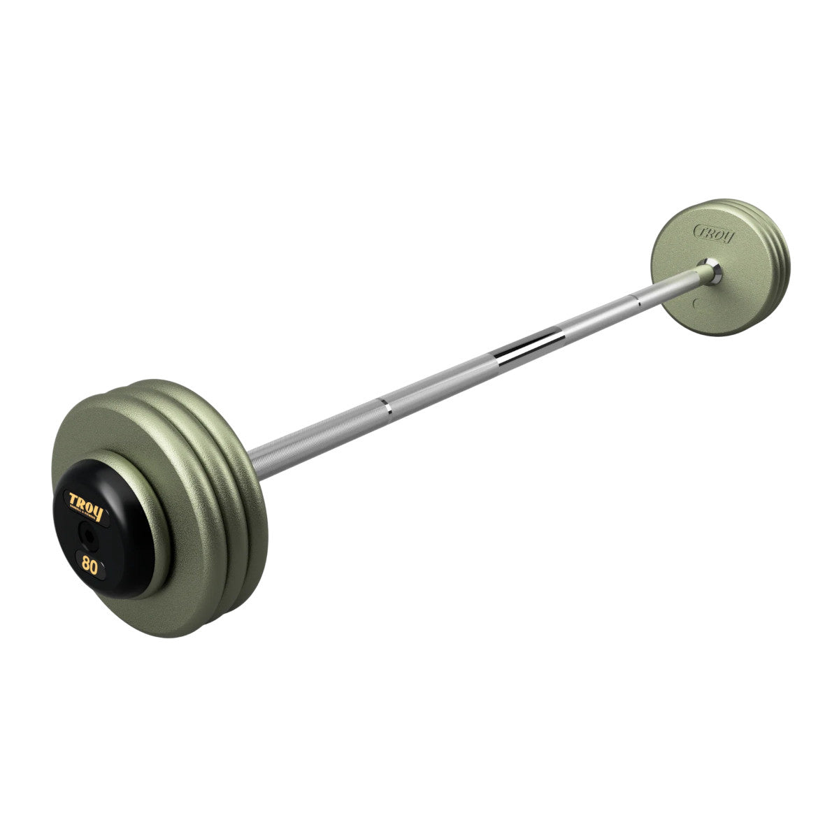 Troy Barbell HFB-R Pro Style 80lb Straight Gray Barbell Black End Cap on white background.